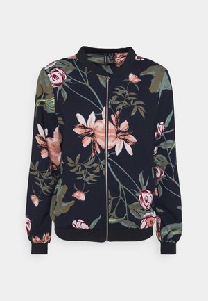 Marineblaue Bomberjacke mit Reißverschluss, mit pinkem und weißem floralen Print, gerippten Bündchen und Bund sowie einem Rundhalsausschnitt.