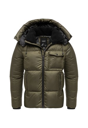 Olive green puffer jacket with a black sherpa-lined hood, zippered front, and large chest pocket. Features a quilted design and elastic cuffs.