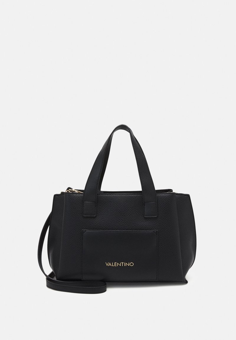 Black leather handbag featuring a textured finish, dual top handles, a detachable shoulder strap, and a front pocket with gold logo accents.