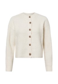Cardigan color crema con texture a coste, scollatura rotonda e sette bottoni di legno lungo la parte anteriore. Vestibilità cropped con maniche lunghe.