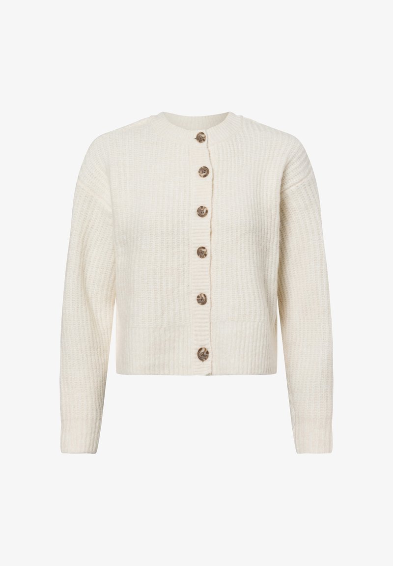 Cardigan color crema con texture a coste, scollatura rotonda e sette bottoni di legno lungo la parte anteriore. Vestibilità cropped con maniche lunghe.