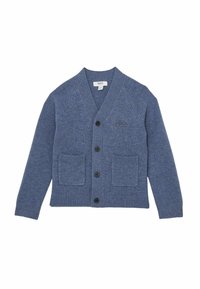 Cardigan lavorato a maglia blu con scollatura a V, orlo e polsini a costine. Presenta due tasche frontali e cinque bottoni neri. Logo ricamato sul petto.