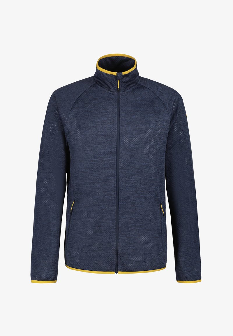 Marinejacke mit gelben Akzenten, Reißverschluss und hohem Kragen. Hergestellt aus strukturiertem Stoff mit perforierten Details und seitlichen Taschen.