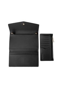Portafoglio in pelle nera con texture granulosa, dotato di chiusura a scatto, due scomparti e portacarte staccabile con più slot.
