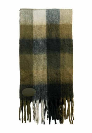 Vilnonė šalikas su langelių raštu žalių, juodų ir baltų atspalvių. Pabaigos su kutais ir odiniu logotipo ženkleliu.