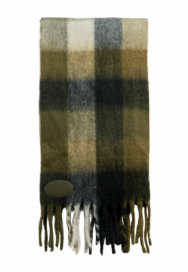 Vilnas šalle ar rūtainu rakstu zaļos, melnos un baltos toņos. Piedāvā frizētas malas un ādas logotipa uzlīmi.