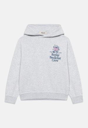 Grauer Hoodie mit Kängurutasche, Kapuze mit Kordelzug und grafischem Druck eines Charakters auf der Brust. Rippenbündchen und Saum.