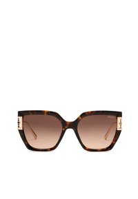 Lunettes de soleil carrées oversize en écaille avec verres marron dégradés et accents décoratifs dorés sur les branches.