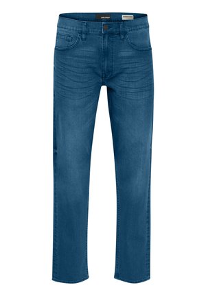 Sinine denim kangas, sirge lõikega püksid, ees on taskud, lukuga eesmine osa ja reitel on peened tuhmumise detailid.