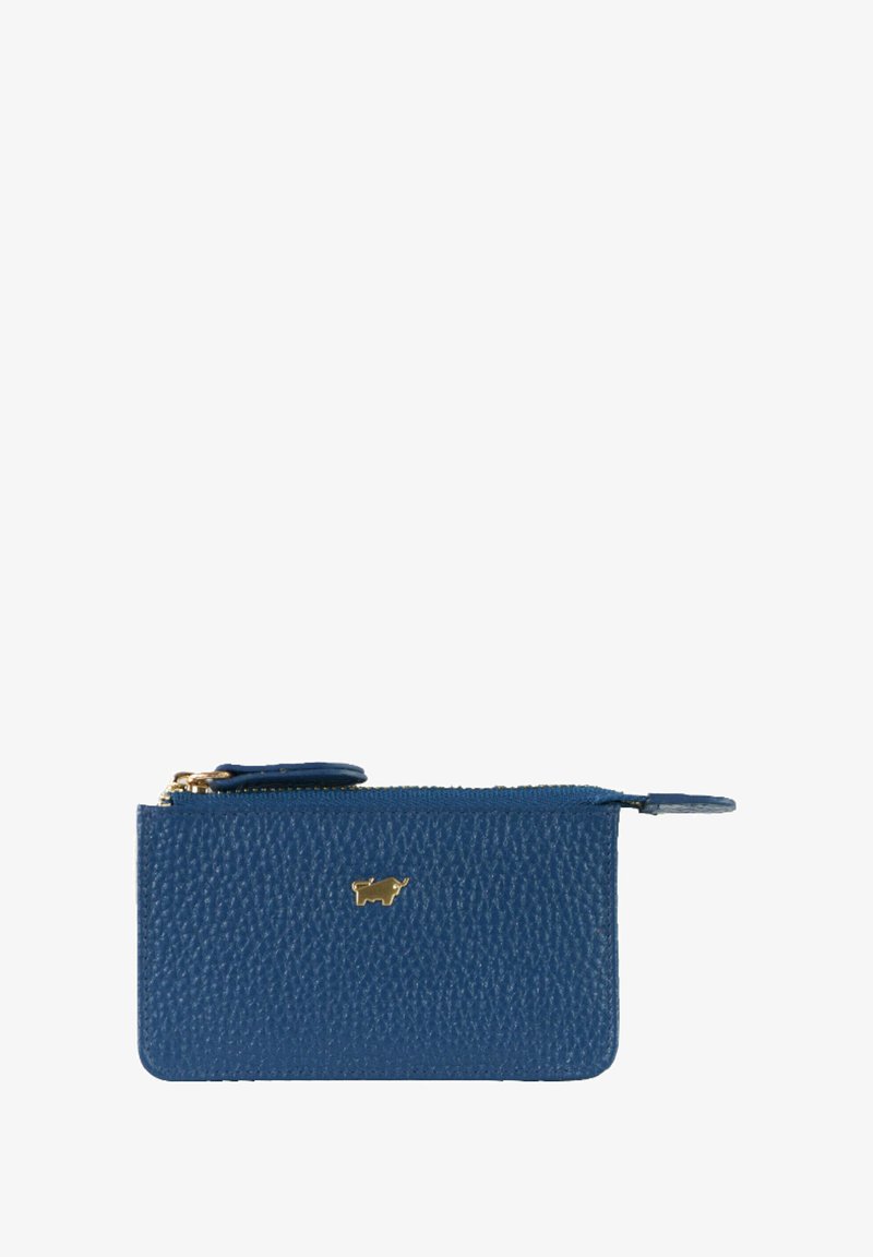 Blue leather wallet with a textured finish, zip closure, and gold accent logo. Compact rectangular shape for easy storage.