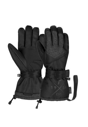 Black insulated gloves with textured grip palms and finger sections. Features adjustable wrist straps and a smooth fabric exterior.