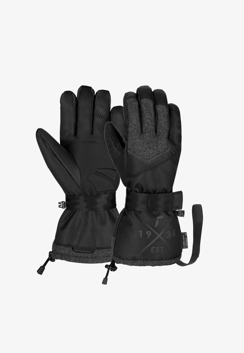 Schwarze isolierte Handschuhe mit strukturierten Griffflächen an den Handflächen und Fingerbereichen. Verfügt über verstellbare Handgelenkriemen und ein glattes Stoffoberfläche.