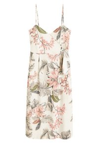 Kukkamekko, jossa on ohuet hihnat, ja joka on kermaisen vaalea pohjaväri, sekä pinkkejä, vihreitä ja mustia lehvistökuvioita. Kevyt kangas, suora siluetti.