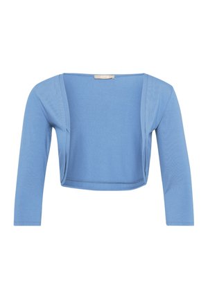 Cardigan corto azzurro chiaro con maniche lunghe, realizzato in tessuto morbido. Presenta una parte anteriore aperta e una finitura semplice delle cuciture. Senza chiusure.