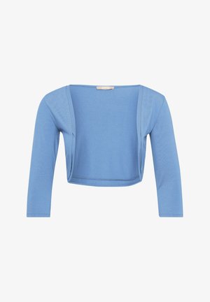 Jasnoniebieski krótkie kardigan z długimi rękawami, wykonany z miękkiego materiału. Posiada otwarty przód i prostą wykończoną szwami. Bez zapięć.