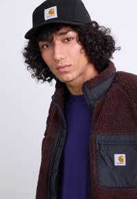 Black cap with Carhartt logo, brown fleece jacket with black accents, zippered pocket, and purple shirt. Textured fabric, casual design.