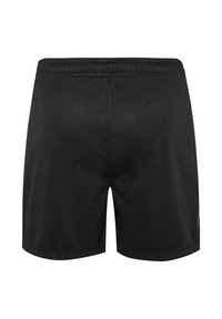 Zwarte sportshorts met een elastische tailleband, een gladde textuur en een korte snit; er zijn geen zichtbare logo's of patronen.