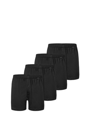 Schwarze Baumwollboxershorts, vierer Pack, mit einem elastischen Bund und einem Knopfverschluss. Weiche Textur mit glatter Oberfläche und ohne Muster.