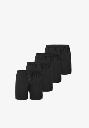Caleçons en coton noir, paquet de quatre, avec une taille élastique et une braguette à boutons. Texture douce avec une finition lisse et sans motifs.