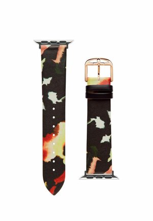 Řemínek hodinek s mnohobarevným abstraktním vzorem v černé, oranžové, zelené a krémové barvě, s přezkou v barvě růžového zlata a černými poutky.
