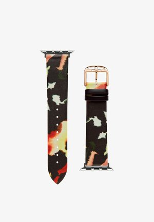 Kella rihm mitmevärvilise abstraktse mustriga musta, oranži, rohelise ja kooretooniga, roosakulla pandla ja mustade aasadega.