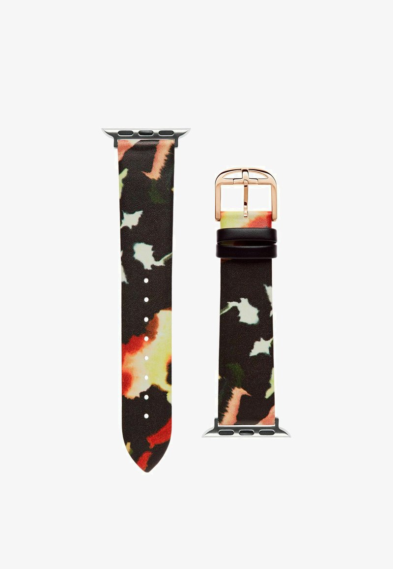 Uhrenband mit mehrfarbigem abstraktem Muster in Schwarz, Orange, Grün und Creme, ausgestattet mit einer rosegoldenen Schnalle und schwarzen Schlaufen.