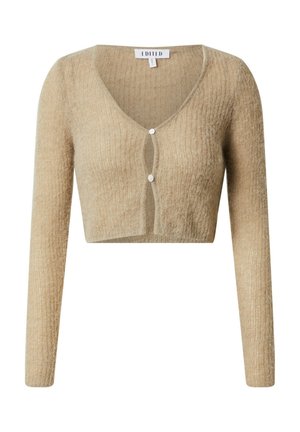 Beige verkürzter Cardigan mit langen Ärmeln, strukturiertem Strickstoff, V-Ausschnitt und zwei vorderen Knöpfen. Einfaches Design und weiche Textur.