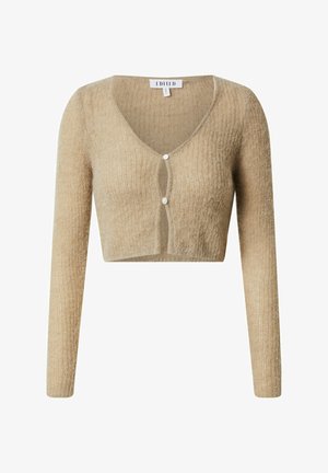 Beige verkürzter Cardigan mit langen Ärmeln, strukturiertem Strickstoff, V-Ausschnitt und zwei vorderen Knöpfen. Einfaches Design und weiche Textur.