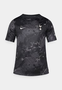 Maillot noir à manches courtes en tissu léger, présentant un motif mixte avec des accents gris foncé et un logo de club bien en vue sur la poitrine.
