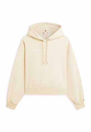 Beiger gekürzter Hoodie mit Kordelzug, gerippten Bündchen und Saum sowie dem "Tommy Hilfiger" Logo-Schriftzug auf der Brust.