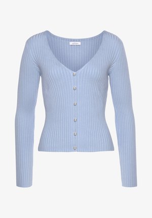 Lichtblauw geribbelde lange mouwen cardigan met V-hals en zes kleine parelknopen aan de voorkant, smal model.