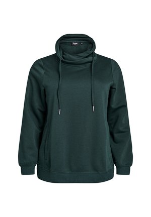 Pullover verde scuro con collo alto, dettagli con cordoncino, maniche lunghe e tasche laterali. Realizzato in tessuto morbido e testurizzato.