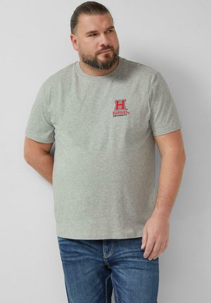 Brodaty mężczyzna z włosami związanymi do tyłu, ubrany w jasnoszarą koszulkę Harvard University i niebieskie dżinsy, stojący na jednolitym tle.