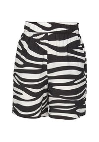 Czarno-białe spodenki w paski zebry z elastycznym paskiem w talii i luźnym krojem, wykonane z teksturowanej tkaniny, o długości sięgającej do połowy uda.