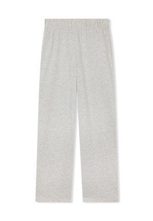 Pantaloni in cotone grigi con una vestibilità rilassata, dotati di una vita elasticizzata. Texture liscia, design a gamba dritta e senza modelli o accenti visibili.