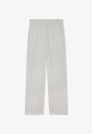 Pantaloni in cotone grigi con una vestibilità rilassata, dotati di una vita elasticizzata. Texture liscia, design a gamba dritta e senza modelli o accenti visibili.