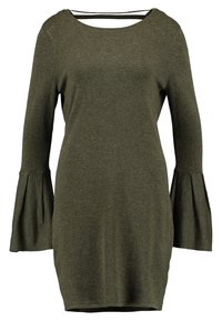 Mörkgrön långärmad klänning gjord av mjukt tyg. Har vida ärmar och en rundad hals med detaljer på baksidan.