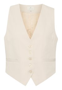 Gilet beige con scollatura a V, cinque bottoni frontali e due tasche laterali. Realizzato in tessuto morbido, con una leggera fodera interna.