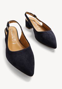 Tacones de ante azul marino con tira al tobillo, punta afilada, pequeño tacón cuadrado y hebilla ajustable de plata. Forro interior suave con detalle del logo.