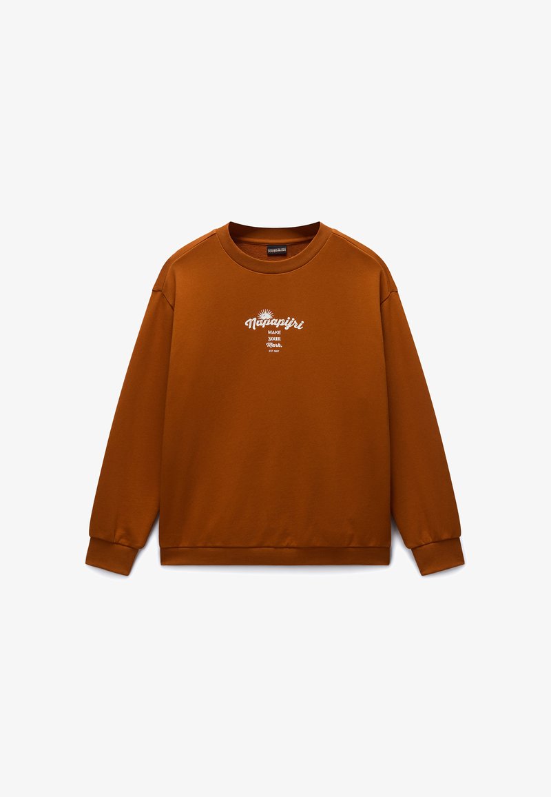 Καφέ βαμβακερό φούτερ με στρογγυλή λαιμόκοψη, μακριά μανίκια και ριμπ μανσέτες. Διαθέτει λευκό τυπωμένο λογότυπο στο κέντρο μπροστά. Λείο υφή.