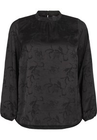 Blusa nera con maniche lunghe e colletto alto, decorata con un delicato motivo floreale. Realizzata in un tessuto liscio e texture, con una vestibilità comoda.