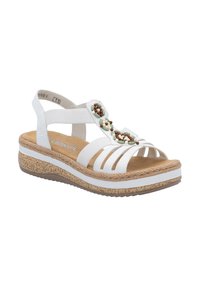 Sandali bianchi con una suola in sughero strutturato, caratterizzati da cinturini elastici e un motivo decorativo con perline verdi, marroni e bianche sulla parte superiore.