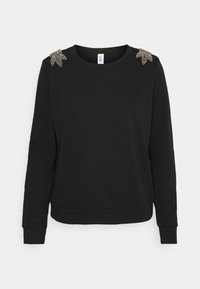 Svart sweatshirt med långa ärmar, rund hals och utsmyckade axeldetaljer med metalliska accenter. Mjuk textur och avslappnad passform.