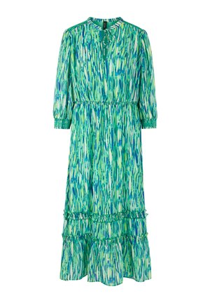 Grünes und blaues gemustertes Midikleid mit dreiviertel Ärmeln, elastischer Taille, geknöpften Ärmelenden, Schlitz am Ausschnitt mit Bindeband und Stufen mit Rüschen am Saum.