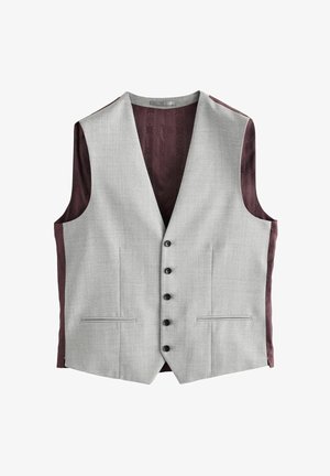 Lys grå vest med en glat tekstur, der har seks sorte knapper, to lommer i siden og en bordeauxfarvet mønstret foring.