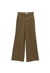 Oliwkowe, szerokie spodnie wykonane z bawełny o gładkiej teksturze. Posiadają pięć guzików oraz przednie kieszenie z przeszywanymi detalami.
