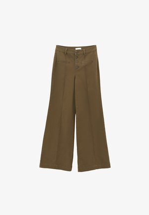 Olijfgroene, wijde broeken van katoen met een zachte textuur. Voorzien van vijf knopen en voorzakken met gestikt detail.