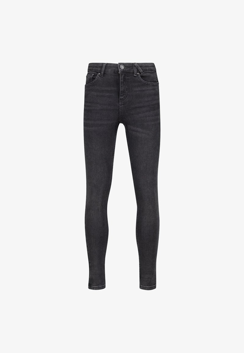 Jean skinny noir en denim, avec une taille haute, un design à cinq poches, et une texture légèrement délavée. Pas de marque visible.