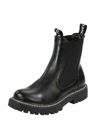 Stivaletto in pelle nera con pannelli elastici laterali, cuciture in evidenza e una suola in gomma spessa con battistrada testurizzato per una presa migliore.