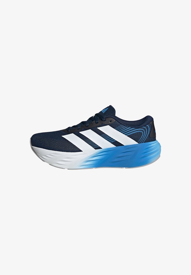 Navy blue running shoe with white stripes and a gradient blue-to-white thick sole, featuring mesh upper and lace-up closure.